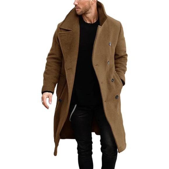 Mens Double Breasted Trench Coat Casual Camel - Picture 2 of 4
